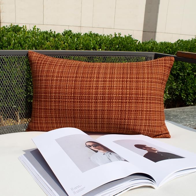 Kevin Textile Outdoor Waterproof 14"x24" Pillow Covers 2 Pack, Burnt Orange | Fall Water Resistant, Faux Linen Yarn-dyed, Woven Texture Throw Pillow Covers for Tent Patio Garden Couch Sofa
