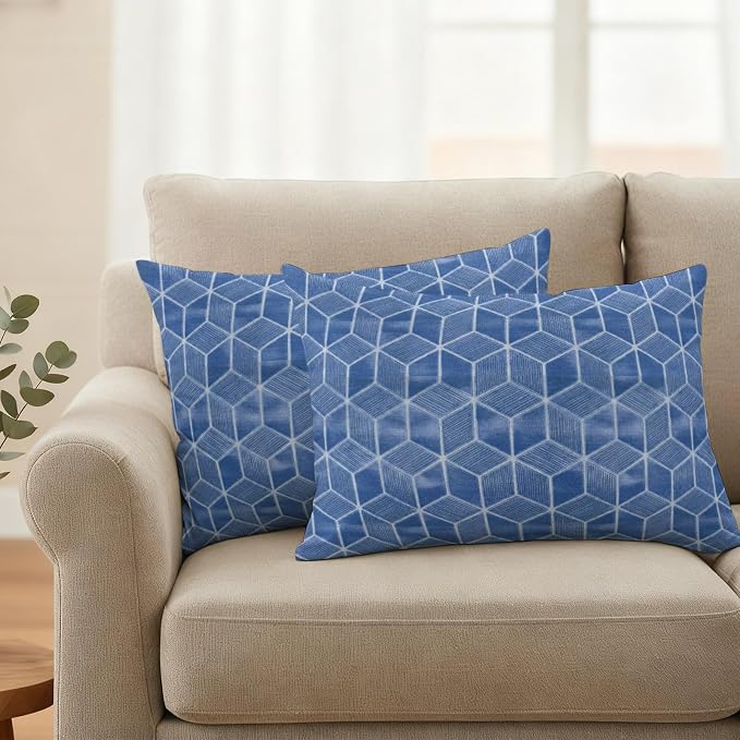 Blue Honeycomb Tiling Waterproof Outdoor Pillow Covers Set of 2 Home Decor, Wooden Grain Blocks Lumbar Pillowcase Patio Pillow Covers for Couch Bench Patio Furniture Garden 20x12in