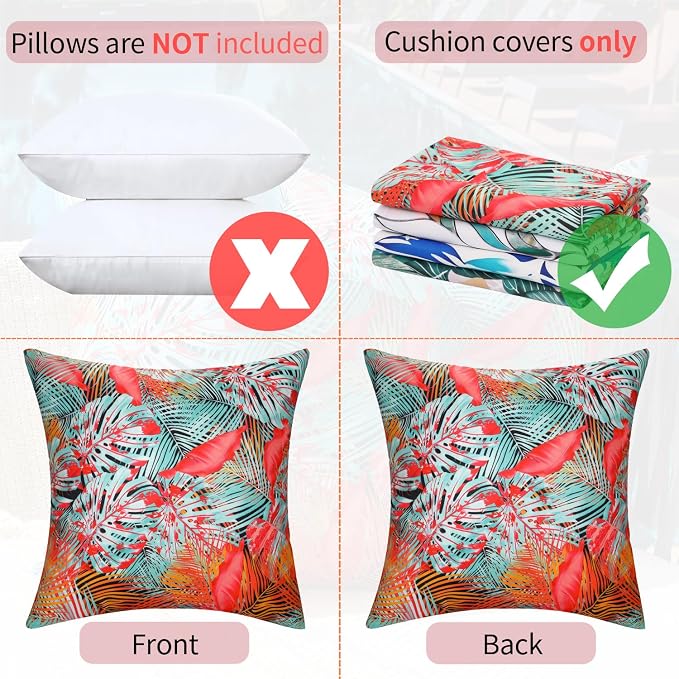 Outdoor Pillow Covers Tropical Leaves Waterproof Summer Throw Pillow Covers Decorative Blue Red Leaf Couch Covers 20x20 Set of 2 Square Cushion Cases for Patio Furniture Garden Tent Balcony Bench
