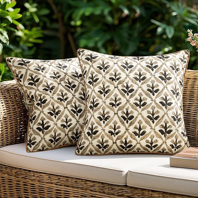 MIULEE Outdoor Floral Pillow Covers Waterproof 16x16 Coffe-Brown | Decorative Block Print,Boho Farmhouse, Set of 2 Coastal Summer Cushion Covers with Piping,Garden Patio Furniture Porch Couch