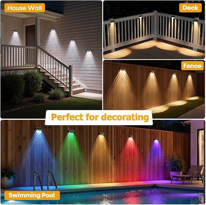 Solar Fence Lights,8 Pack Solars Deck Light,RGB Color,Outdoor Bulb Waterproof Led IP65,Power Patio Lamp with Lenses for Outside/Backyard/Railing/Yard(Black)
