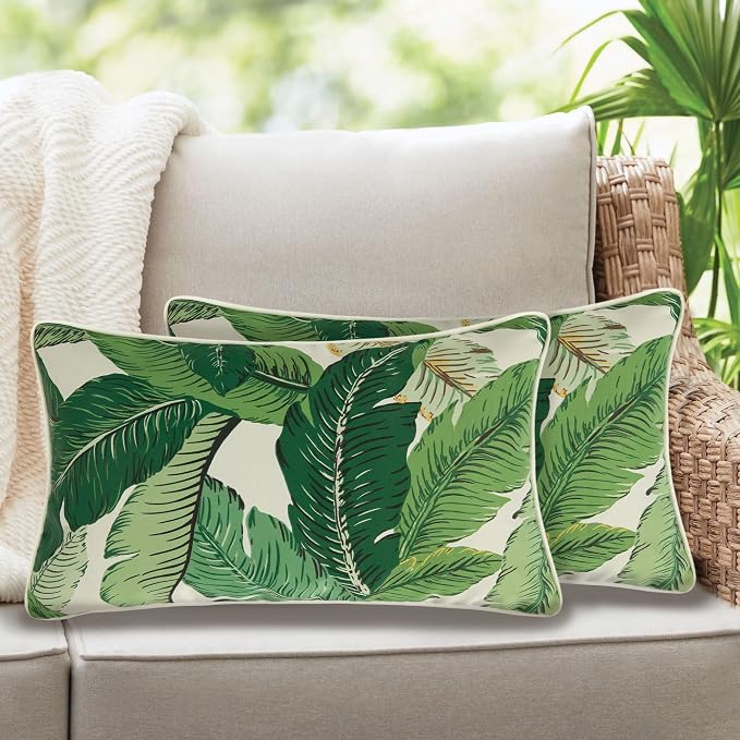 Lumbar Pillow with Insert, Set of 2, Outdoor Indoor Waterproof Decorative Patio Lumbar Pillow 12x20 Inch, Rectangular Cushion for Couch Sofa Garden Farmhouse Decoration-Green Palm Leaf