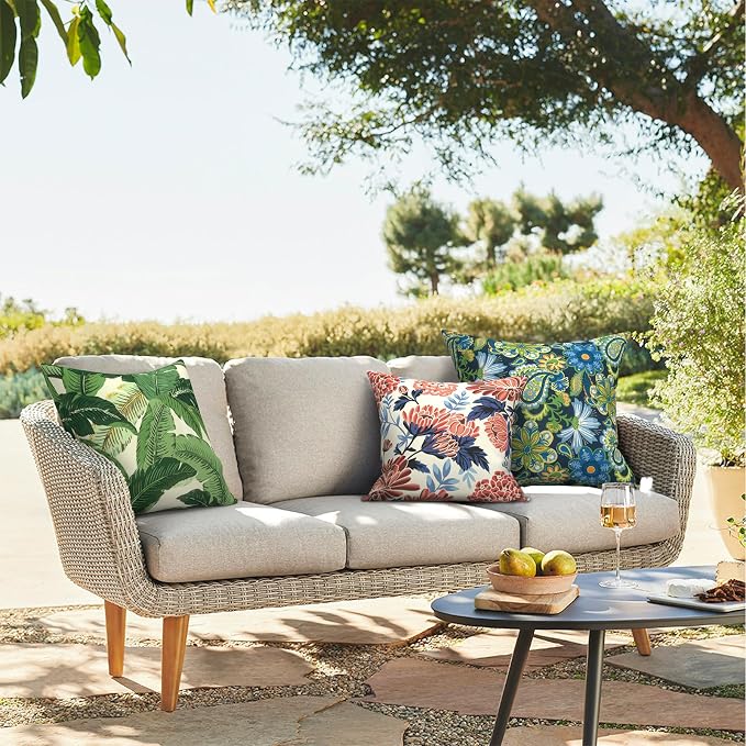 Outdoor Throw Pillows 16x16 Inch, Water Repellent Patio Pillows with Inners Set of 2 for Patio Furniture Home Garden, Swaying Palms Green