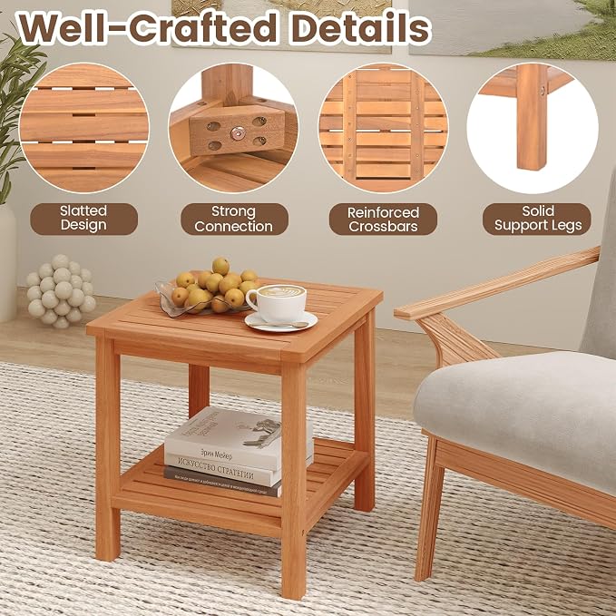 HAPPYGRILL Acacia Wood Outdoor Side Table, 2-Tier Indoor End Table with Spacious Tabletop and Slatted Storage Rack, Square Wood Table for Poolside, Living Room, Porch, Balcony and Garden (2)