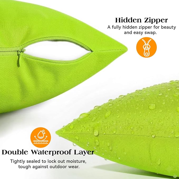 Lewondr 2 Pack Waterproof Outdoor Pillow Covers, 18"x18", Fluorescent Green | Waterproof, Solid PU Coating Throw Pillow Case, UV Protection Garden Cushion Cover, for Patio Decorative Sofa Couch Balcony