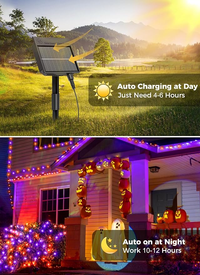 Minetom Halloween Solar Lights Outdoor,4Pack Total 160FT Halloweeen Light | 400 LED String Lights with 8 Lighting Modes,Black Wire Waterproof Solar String Lights for Outside Tree Party, Orange & Purple