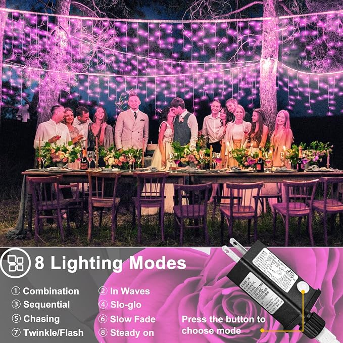 Pink Christmas Lights Outdoor Icicle Lights for Outside 66ft 640 LED String | Twinkle Lights with 8 Modes Connectable Timer Waterproof for House Window Party Wedding Yard Holiday Valentine's Day Decor