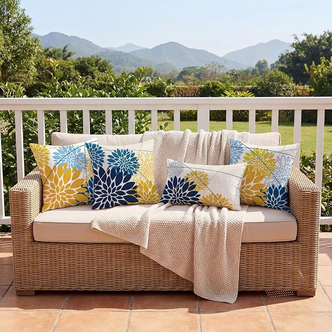OTOSTAR Outdoor Golden Light Blue Pillow Covers 18x18 Inch Set of 2 Dark Blue Flower Throw Pillows Geometric Dahlia Floral Square Cushion Case Waterproof Decor for Sofa Patio Funiture Garden
