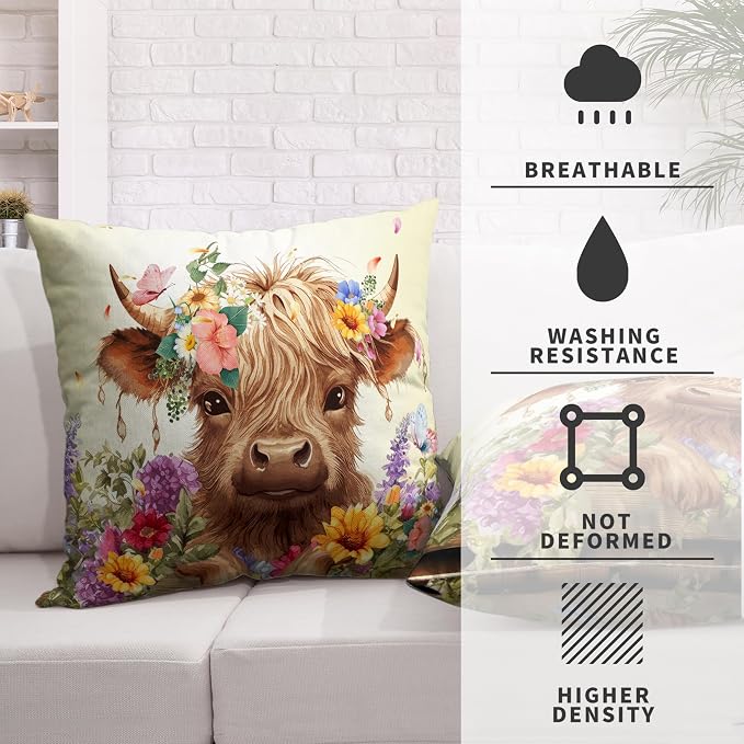 Highland Cow Pillow Covers 20x20 Set of 2 Cattle with Flowers Throw Pillow Covers Spring Outdoor Pillowcase Cotton Linen Farmhouse Cushion Case for Sofa Outdoor Patio
