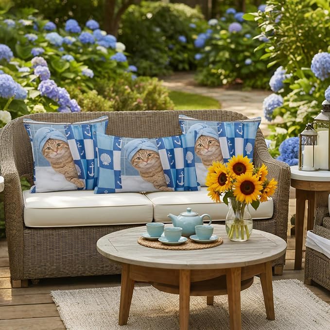 Bathing Cat Waterproof Outdoor Pillow Covers Set of 2 Home Decor, Funny Animal Showering Lumbar Pillowcase Patio Pillow Covers for Couch Bench Patio Furniture Garden 20x20in