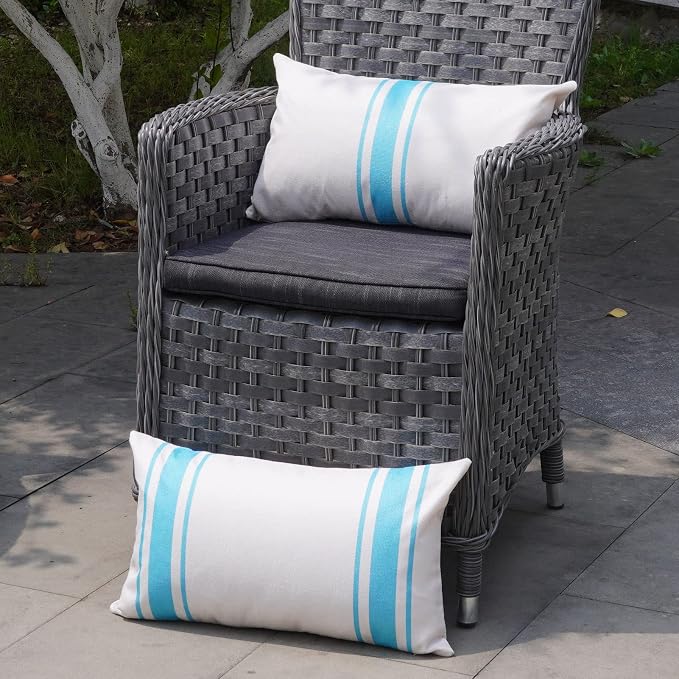 ONWAY Outdoor Pillow Covers Waterproof 12x20 Set of 2 Decorative Linen Throw Pillow Cover Beige and Blue Striped Outdoor Pillows for Patio Furniture
