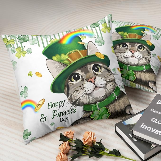Happy St Patricks Day Pillows Covers 20x20 Pack of 2 Lucky Cat Clover Pillow Covers Rainbow Gold Coin Shamrock Decorative Pillow Cases Cushion Case for Living Room Couch Sofa