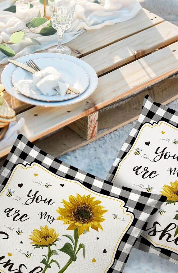 Vandarllin Outdoor Throw Pillows Covers 18X18 Set of 2 Waterproof Yellow Sunflower Bees Decorative Zippered Lumbar Cushion Covers for Patio Furniture, Black Buffalo Check Plaid