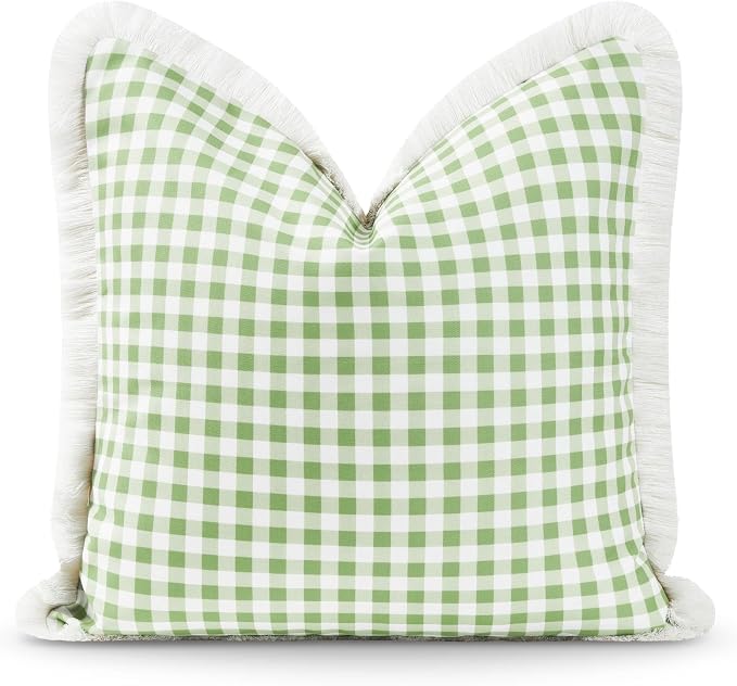 Hofdeco Premium Coastal Patio Indoor Outdoor Pillow Cover Only, 20"x20" Water Resistant for Backyard, Couch, Green Gingham Fringe
