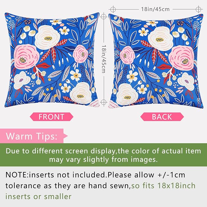 Pyonic Blue Waterproof Outdoor Pillow Covers 18x18 Set of 2, Colorful Floral Decorative Cushion Covers for Patio Furniture, Garden, Balcony,Sunbrella，Boho Nordic Outdoor Indoor Home Decor