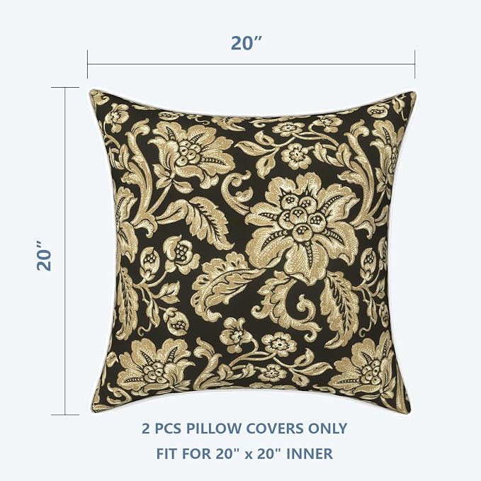 LVTXIII Outdoor Pillow Covers 20x20 inch Patio Waterproof Throw Pillow Cases Fade Resistant Accent Pillow Covers for Spring Summer Garden Decoration, Set of 2, Jacobean Black