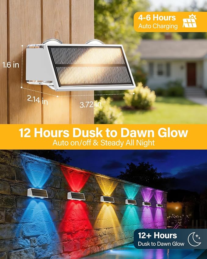 Solar Fence Lights Outdoor, 10 Pack Fence Solar Lights Waterproof | IP65 Fence Lights Solar Powered Up & Down LED Focus, 9 Color Modes, 12H Dusk to Dawn Glow for Pool/Patio/Backyard - White