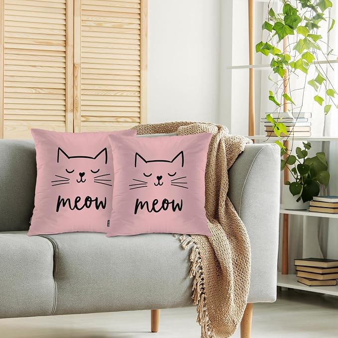 Swono Cat Throw Pillow Covers, Cute Kitten Cat Meow Set of 2 Pillow Cases Decorative 18 X 18 Inches, Soft Cushion Cover Pillowcases for Bedroom, Living Room, Cushion Sofa, Pink