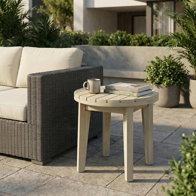 Christopher Knight Home Parker Acacia Wood Outdoor Coffee Table, Small Side Table for Patio Furniture Set, Solid Wood Round End Table for Patio/Deck/Garden, Light White