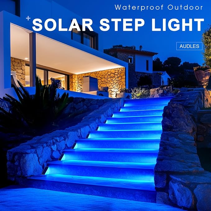 AUDLES 6 Pack Solar Stair Lights, Outdoor Step Lights with Waterproof IP67, Blue Color LED Solar Light for Outside Light Decor for Stair, Deck, Front Step, Front Porch, Patio and Backyard
