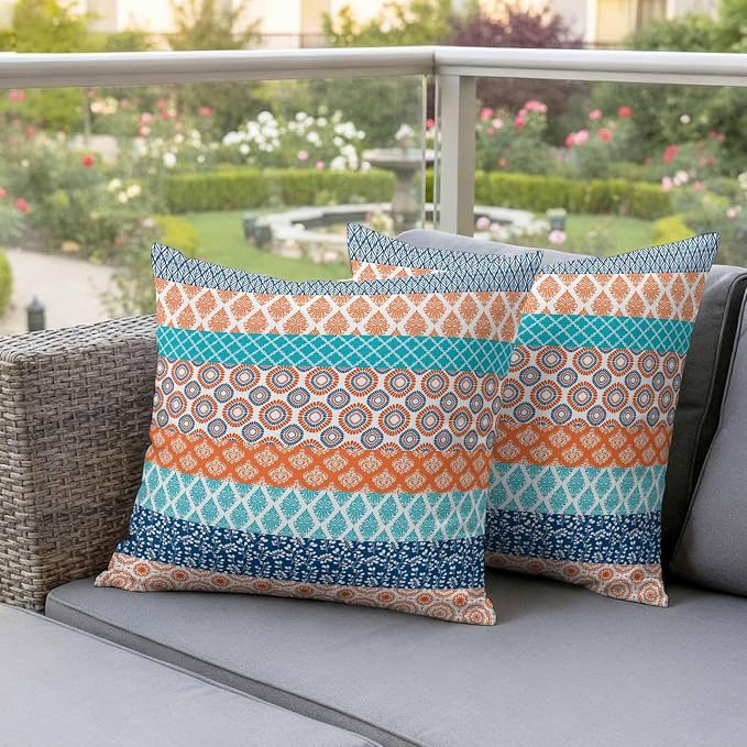 Geometric Bohemia Outdoor Pillow Covers Set of 2 Stripes Orange Turquoise and Blue Waterproof Throw Pillow Cover Decorative Cushion Cases for Patio Porch Garden 20X20 Inch