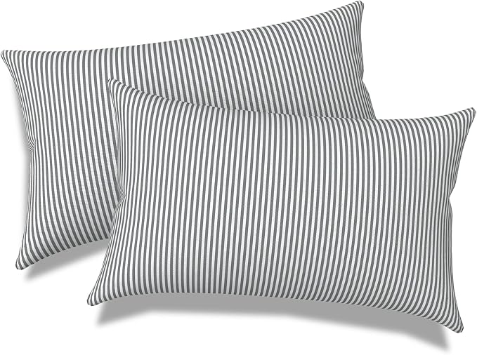 Outdoor Lumbar Pillows, Water Repellent Cushion Pillows 12x20 Inch, Outdoor Pillows with Inserts for Home Garden, Pack of 2, Stripe Gray