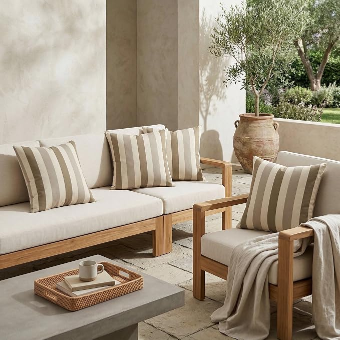 RSH DECOR: Sunbrella Square Throw Pillows Set of 4 | 24" x 24" | Water and Fade-Resistant Performance Fabric | Outdoor Pillow Covers with Down-Alternative Inserts | Made in USA (Portico Sparrow)