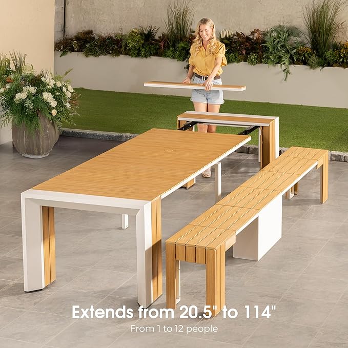 Transformer Table - Extendable Outdoor Dining Set up to 12, Expandable Patio Table, Weather-Resistant Patio Furniture, Space-Saving Sturdy Outdoor Table, Light Oak, Natural (Table Only)