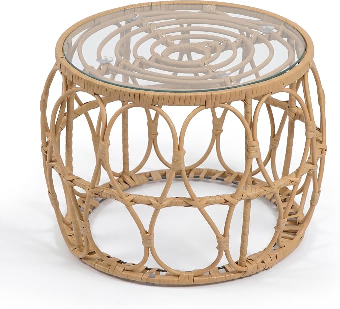Furniture of America Ysar Boho Rattan Round Coffee Table Outdoor with 5mm Tempered Glass Top, All-Weather and Rust Resistant Patio Furniture