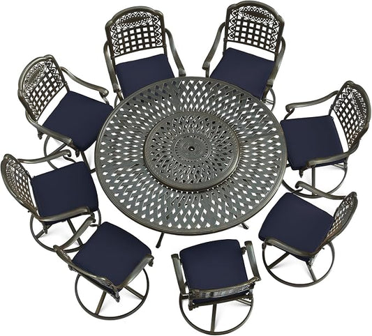 VIVIJASON 9-Piece Outdoor Furniture Dining Set, Rust-Free Cast Aluminum Patio Conversation Set, Include 8 Swivel Dining Chairs & 61" Round Dining Table with 31" Lazy Susan, Umbrella Hole, Navy Blue