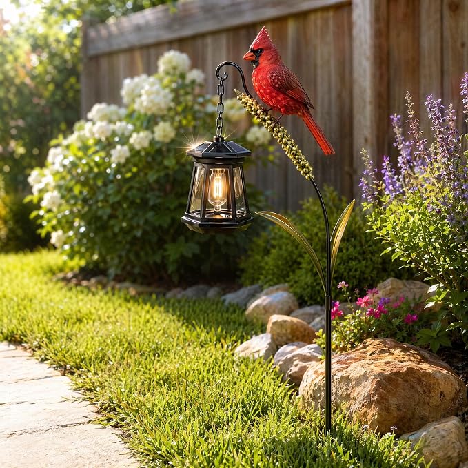 Cardinal Solar Light—A Beautiful Garden Light that Feels Full of Life | Outdoor Stake Yard Decor, Red Bird Lantern, Gift for Mom, Warm Glow Lantern for Patio Lawn Porch Pathway Yard Gardening Gift