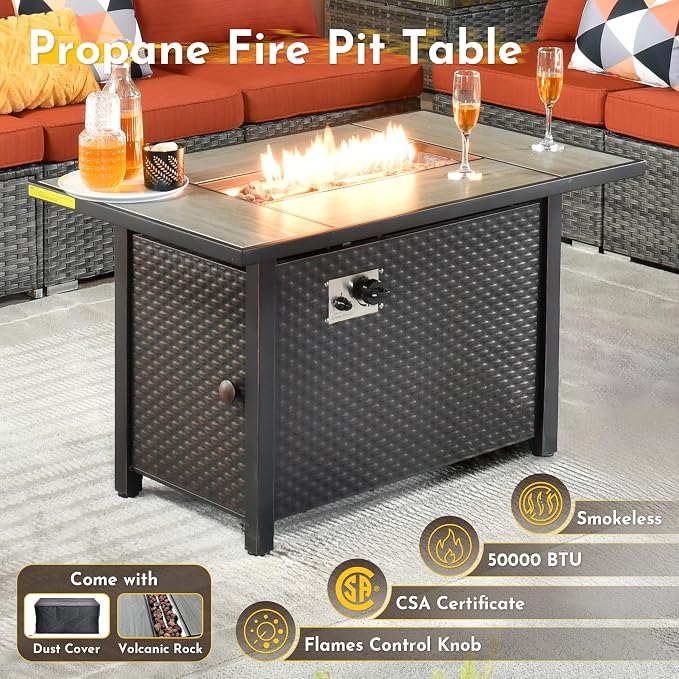 Weaxty 11 Piece Patio Furniture Set with Fire Pit Table, Outdoor Sectional Couch Swivel Rocker Patio Chairs with Coffee Table Wicker Conversation Sets for Balcony Backyard, Orange Red