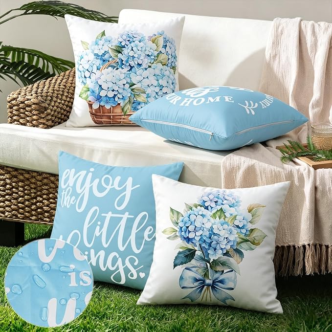 Outdoor Pillow Covers 18x18 Inch Set of 4 Waterproof Blue Hydrangea Summer Outdoor Pillows for Patio Furniture Garden Bench Porch Balcony,Light Blue