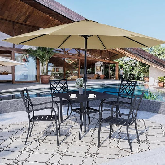 Crownland 5 Piece Outdoor Dining Set, Patio Metal Dining Sets, 4 Stackable Metal Chairs and Square Outdoor Dining Table with Khaki 9FT Round Outdoor Umbrella, for Backyard, Garden (Classic Black)