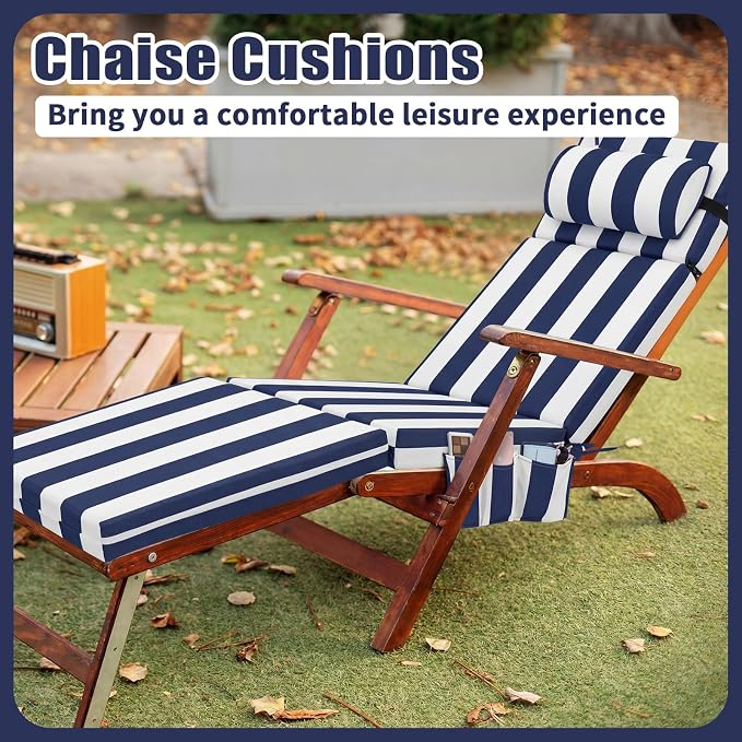 RattanView 1 Pcs Outdoor Chaise Lounge Cushion with Pillow and Side Pockets Waterproof Lounge Chair Cushion for Outdoor Furniture Patio Lounger Pad for Outside Pool Lawn (Navy Blue White,72 x 21 x 4)