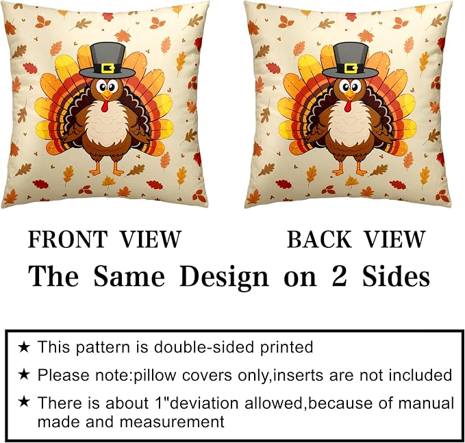 Set of 2 Thanksgiving Throw Pillow Covers Cute Cartoon Turkey Pillow Covers 22x22 Square Fall Leaves Pillow Case Cotton Blend Cushion Case for Living Room Couch Bedding