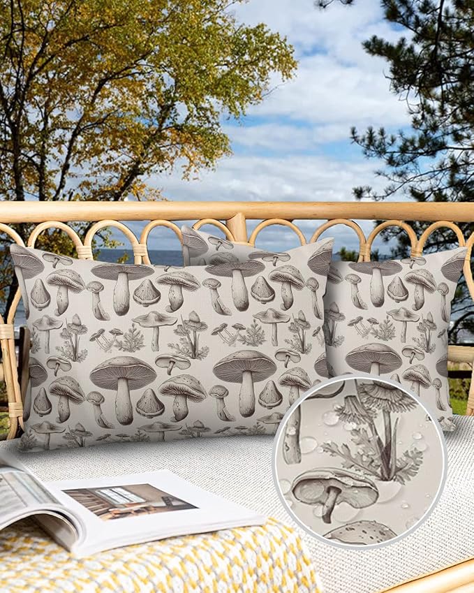 Outdoor Waterproof Throw Pillows Retro Mushroom Vintage Botanical Patio Pillows Pack of 2,Decorative Pillow Covers with Insert,Pillow Cushion Case for Garden Couch Sofa Aesthetic Plant Leaves