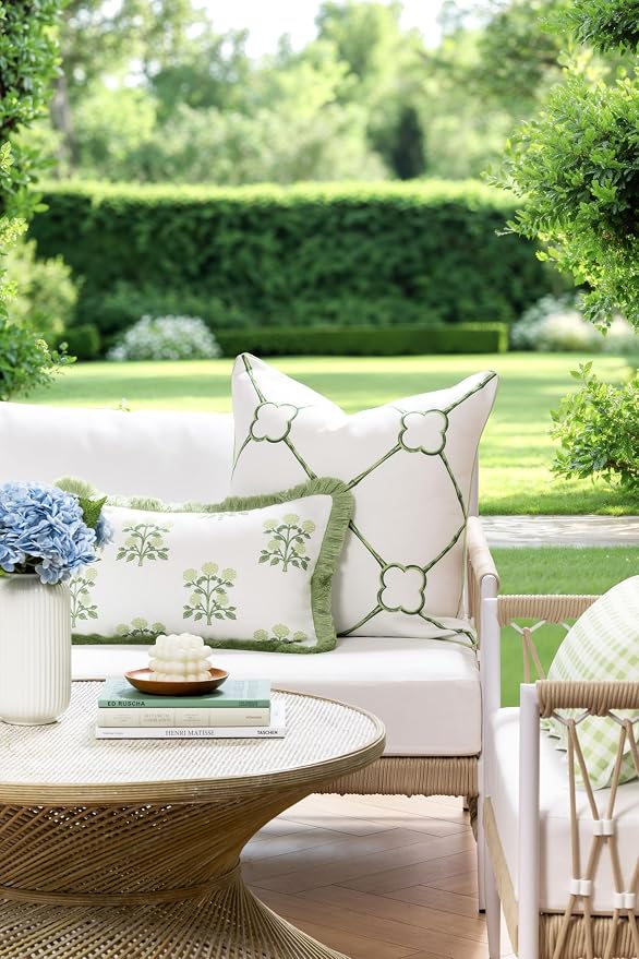 Hofdeco Premium Grandmillennial Coastal Hampton Patio Indoor Outdoor Throw Pillow Cover Only, 22"x22" Water Repellent for Backyard, Couch, Poolside, Grass Green Print Bamboo Trellis