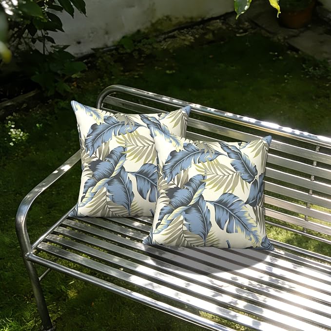 Outdoor Throw Pillow Covers 18x18 Inch, Decorative Pillow Covers for Patio Furniture, Lush Palm Blue Modern Cushion Cases for Garden Couch Home Sofa, Pack of 2