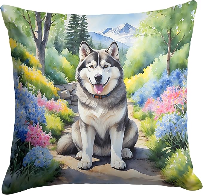 Caroline's Treasures Alaskan Malamute Spring Garden Throw Pillow Machine Washable, Indoor Outdoor Decorative Pillow for Couch, Bed or Patio, 14Hx14W