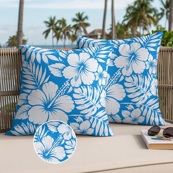 Hibiscus Flowers Waterproof Outdoor Pillow Covers Set of 2 Home Decor, Blue Tropical Monstera Leaves Pillowcase Patio Pillow Covers for Couch Bench Patio Furniture Garden 26x26in