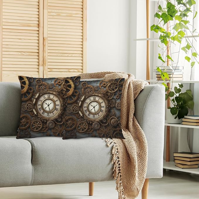 Swono Outdoor Pillow Covers Steampunk, Rusty Steampunk Clock Retro Gears Home Decorative Throw Pillow Case Cushion Cover for Men/Woman/Bed/Sofa/Office/Car 18x18 Inch, 2Pcs Pillow Covers, Gold Bronze