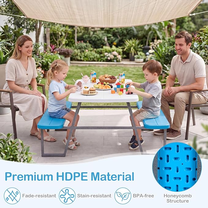 Costzon Kids Picnic Table, Toddler Outdoor Table & Bench Set with Removable Umbrella, HDPE Tabletop, Metal Frame, Kids Outdoor Furniture for Patio Backyard Garden, Fits 4 Children Age 3+ (Blue)