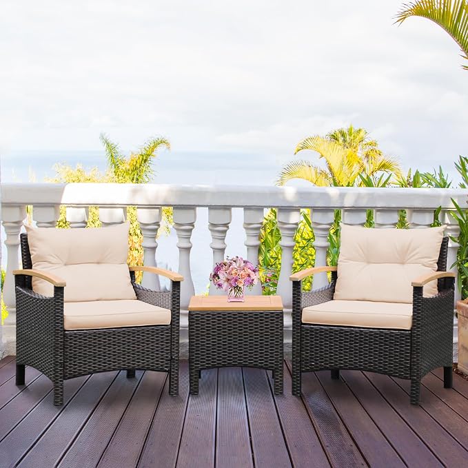 HAPPYGRILL 3 Pieces Patio Rattan Conversation Set, Outdoor PE Wicker Furniture Set with Coffee Table, Soft Seat Cushions & Throw Pillows, Acacia Wood Sofa Set for Patio Courtyard Poolside, Beige