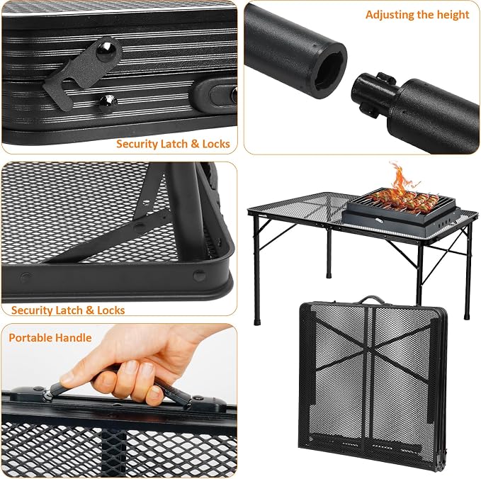 4 ft Folding Table with Metal Mesh Desktop, Grill Table Camping Table with Carry Handle,Adjustable Height (16.5" & 26"), Outdoor Table for Camp, Cooking, BBQ, RV, Picnic,Fits 4–8 People,Black