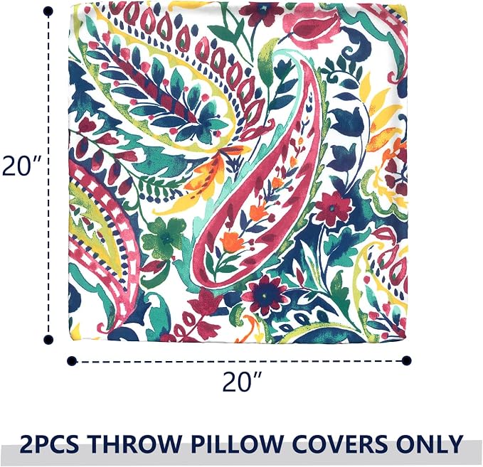Outdoor Pillow Covers for Patio Furniture 20x20 Inch, Decorative Patio Throw Pillow Covers Set of 2, Modern Square Cushion Cases for Porch Garden Home Office, Vigour Paisley