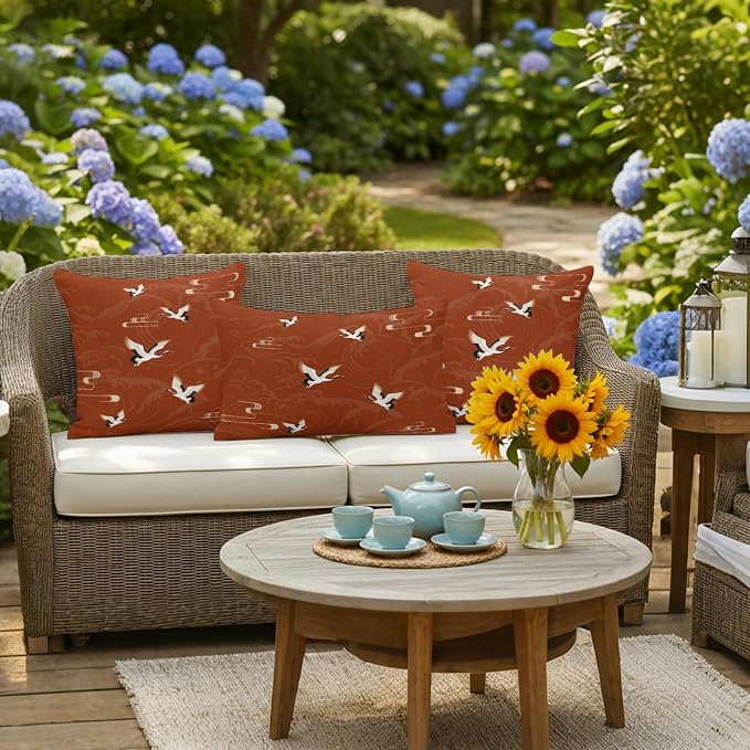 Japanese Style Outdoor Pillow Covers 18x18 Inch Throw Pillow Covers Set of 2 Waterproof Decorative Pillow Cases Vintage Art Cranes Ocean Wave Red Cushion Covers for Patio Furniture Garden Couch Sofa