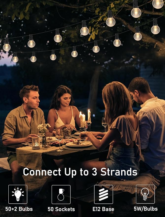 50FT String Lights, G40 Outdoor String Lights Edison Light Bulbs Clear Globe Lights for Backyard Patio Lights Indoor/Outdoor Commercial Decoration -5 Watt/120 Voltage/E12 Base -Black Wire