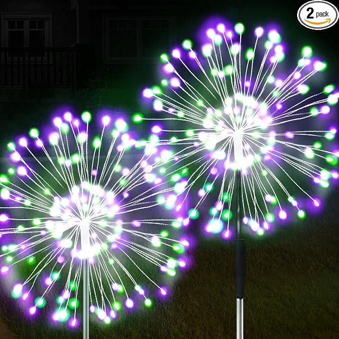 Solar Firework Lights, 2 Pack 120 LEDs 2 Lighting Modes Solar Garden Lights Outdoor Waterproof for Yard Patio Walkway Pathway Party Wedding Christmas Decorative - Green and Purple