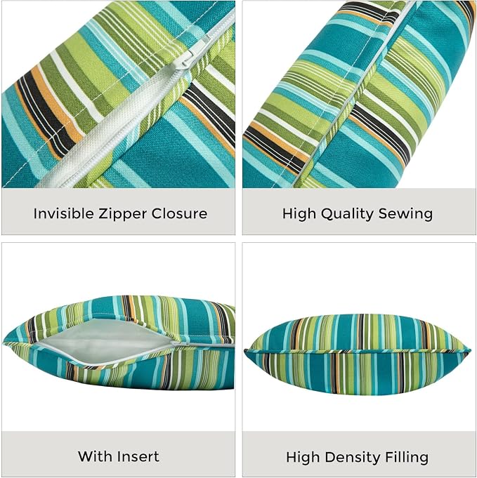 Outdoor Lumbar Pillows Water Resistant 12x20 inch,Decorative Throw Pillow Set of 2 with Insert,Hidden Zipper Headrests for Patio Furniture Sofa Couch Chair(Green Stripe)